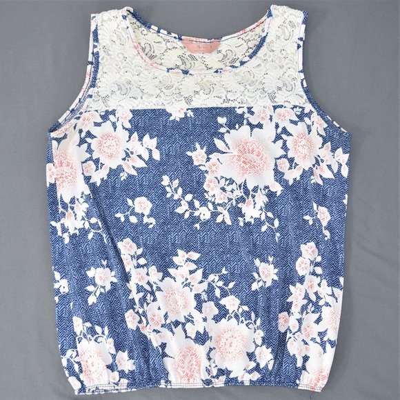 SJS Summer Tank Top Blouse Shirt Sheer Lace Floral Chevron Blue Coral Orange L - Picture 1 of 11